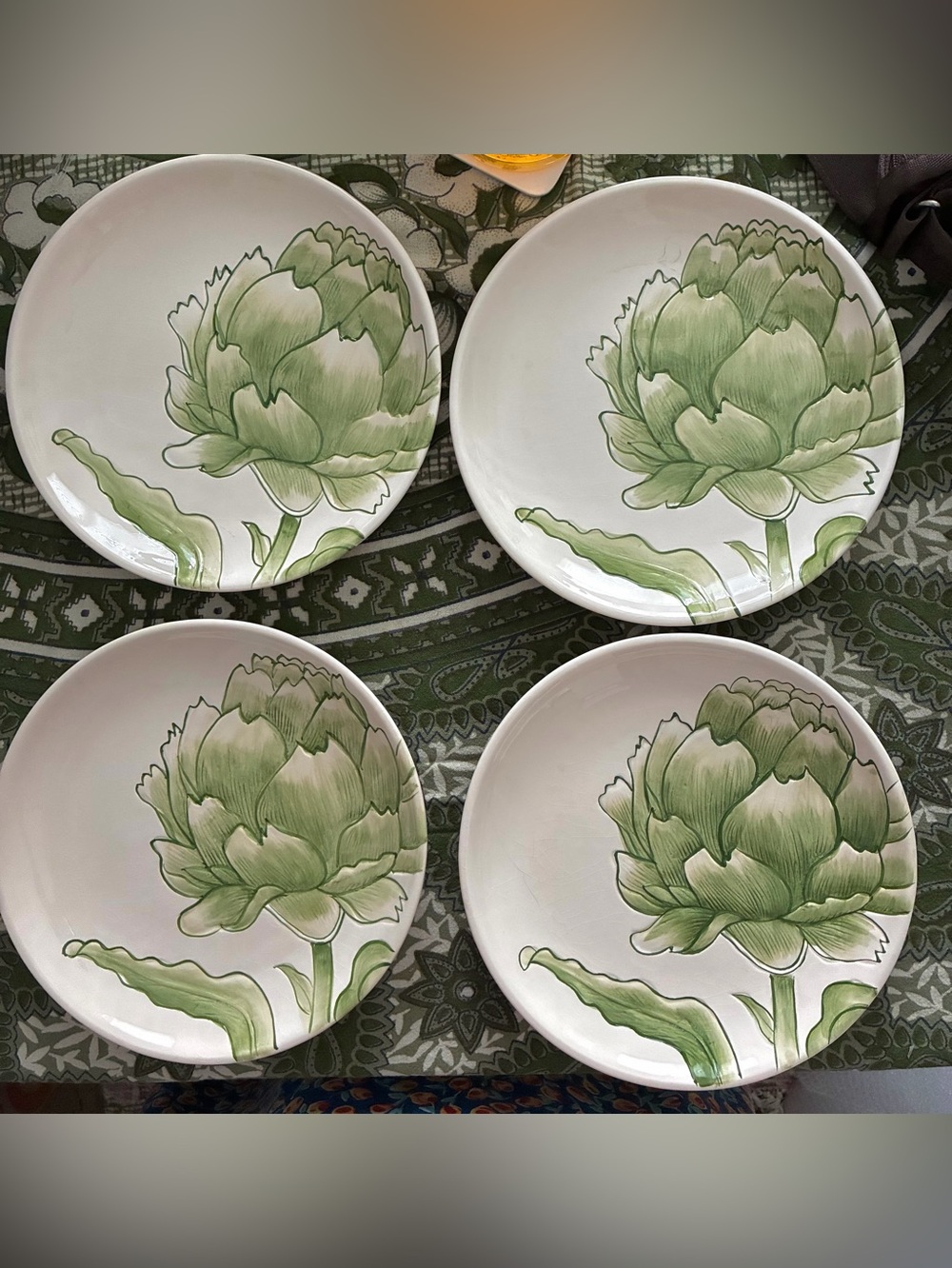Pottery Barn Handpainted Artichoke Plates re 2010. Some crazing, no chips,stains